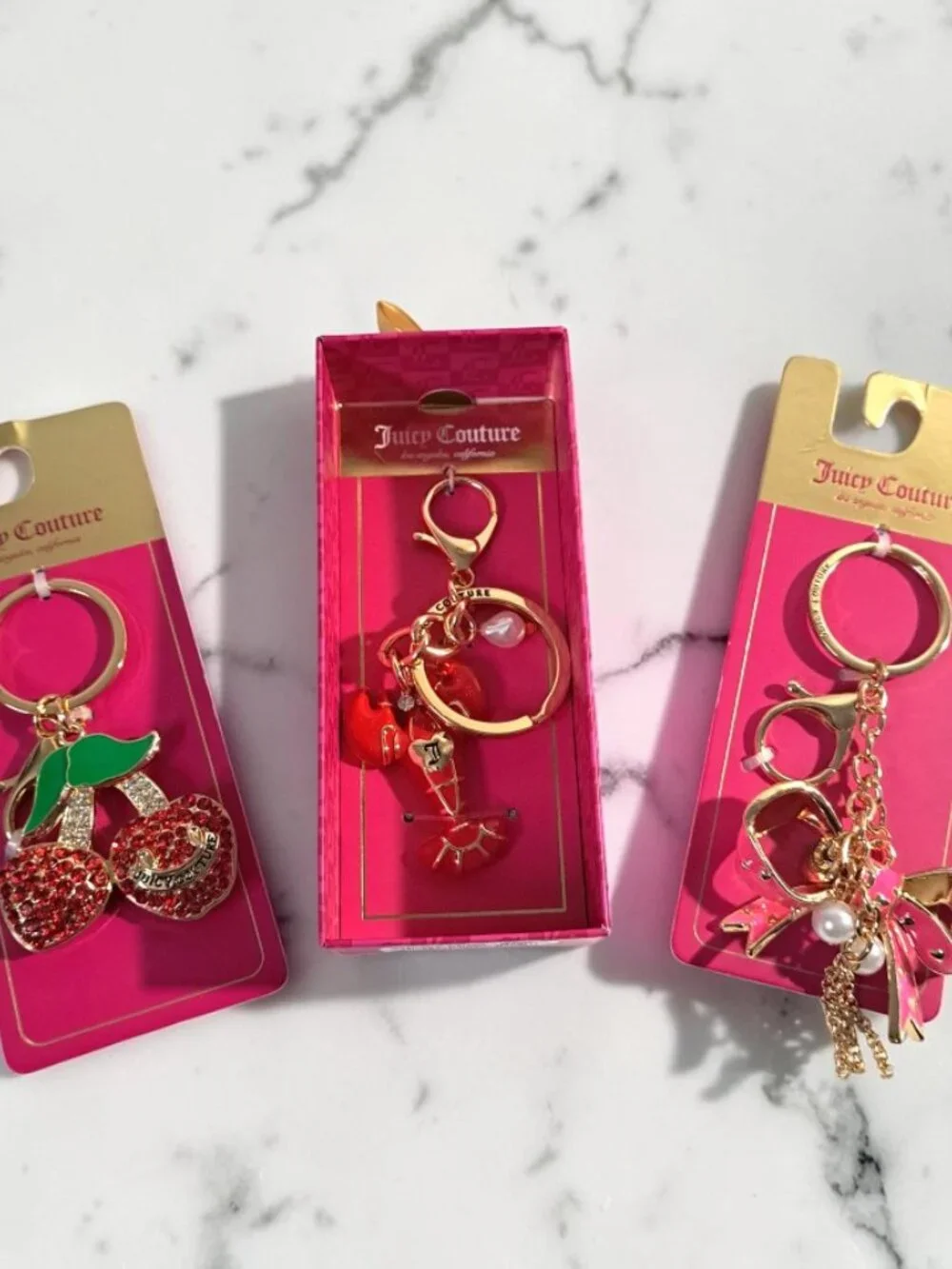 Juicy Couture Bow, Cherry & Red Lobster Charm Keychain Trio Set Bundle NWT